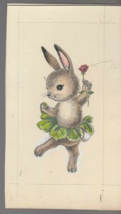 EASTER Cute Bunny w/ Lettuce Skirt & Red Flower 6x10.5 Greeting Card Art #nn 