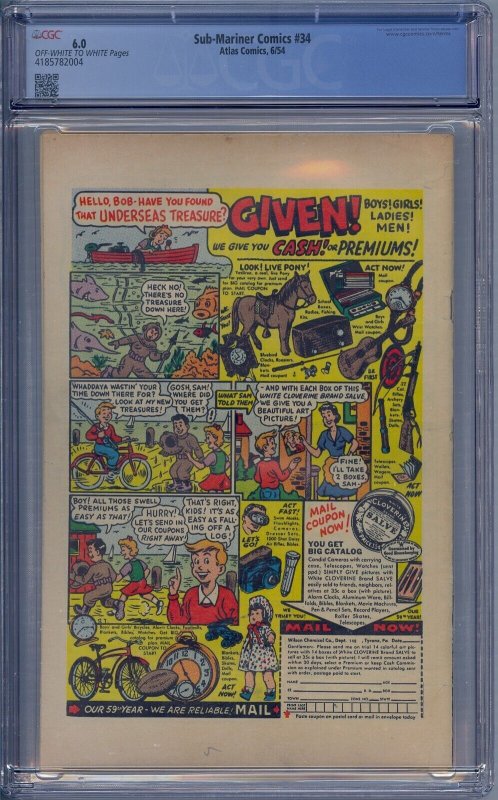 SUB-MARINER COMICS #34 CGC 6.0 NAMORA HUMAN TORCH DICK AYERS GOLDEN AGE 