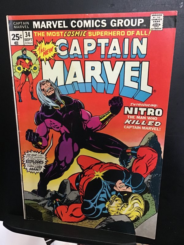 Captain Marvel #34 (1974) mid high grade Starlin art! 1st Nitro! FN/VF Wow