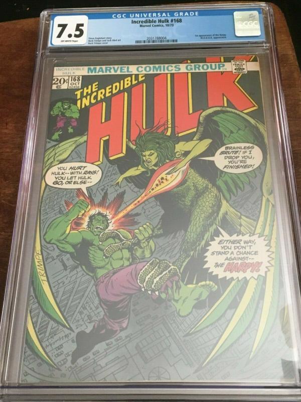 INCREDIBLE HULK #168 - CGC 7.5 (VF-) 1ST APP HARPY - MID-GRADE BRONZE AGE KEY