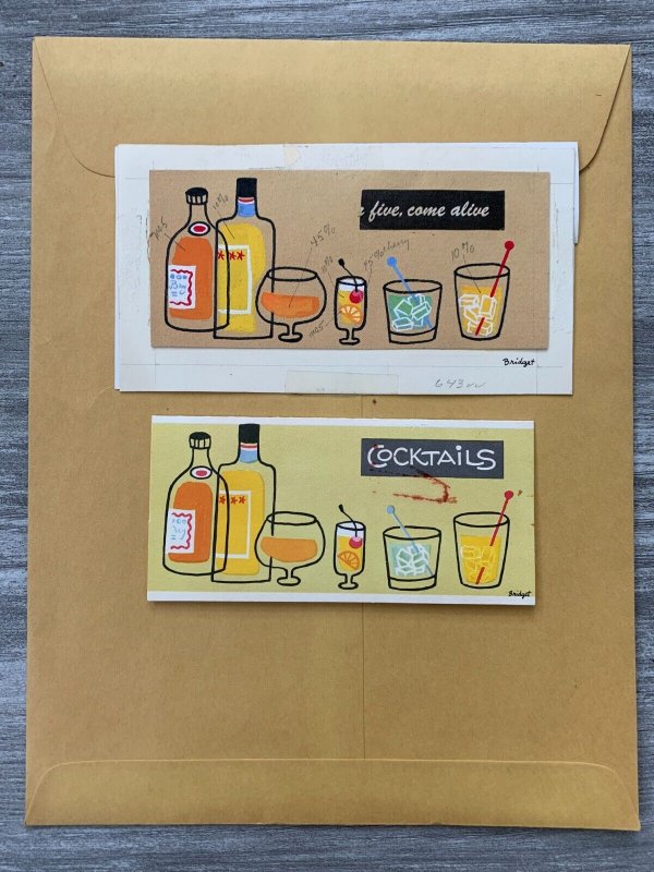 COCKTAILS INVITATION 6 Glasses and Bottles 7x3.5 Greeting Card Art 643