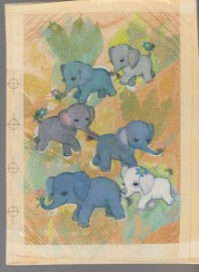 ALL JOINING IN Painted Elephant Parade w Flowers 6x8.5 Greeting Card Art #B8533