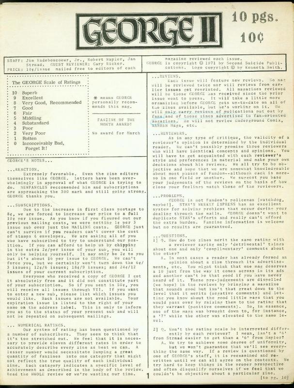 George Fanzine #2 1971- Newsletter format reviews- Rare VG