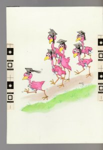 GRADUATION Cartoon Flamingos w/ Caps & Diplomas 5.5x8 Greeting Card Art #G4374