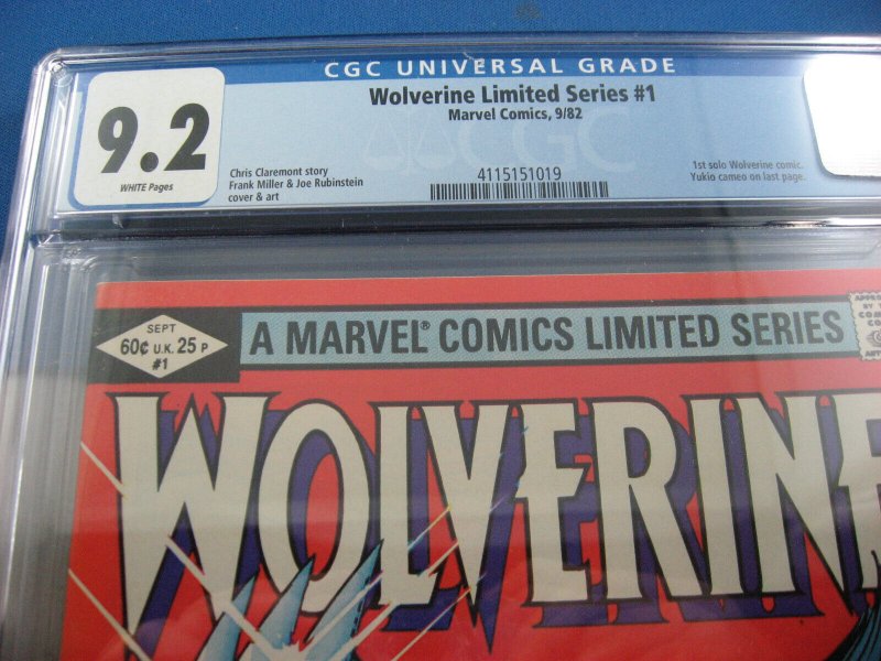 WOLVERINE 1 CGC 9.2 WHITE PAGES FIRST SOLO WOLVERINE MARVEL MILLER 1982