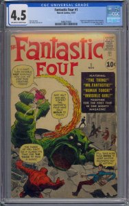 FANTASTIC FOUR #1 CGC 4.5 ORIGIN 1ST FANTASTIC FOUR MOLE MAN JACK KIRBY