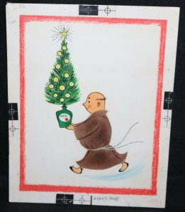 Original Christmas Greeting Card Art - Friar with Noel X-Mas Tree Red Border