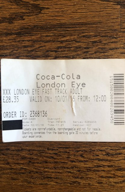 Coca-Cola London eye ticket stub 2016