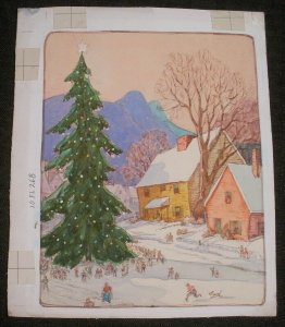 MERRY CHRISTMAS Small Town Square w/ Big Tree 7x8 Greeting Card Art #FL268