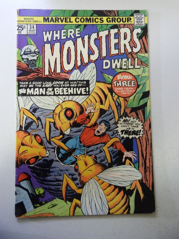 Where Monsters Dwell #34 (1975) VG Condition 1/4 spine split stain bc