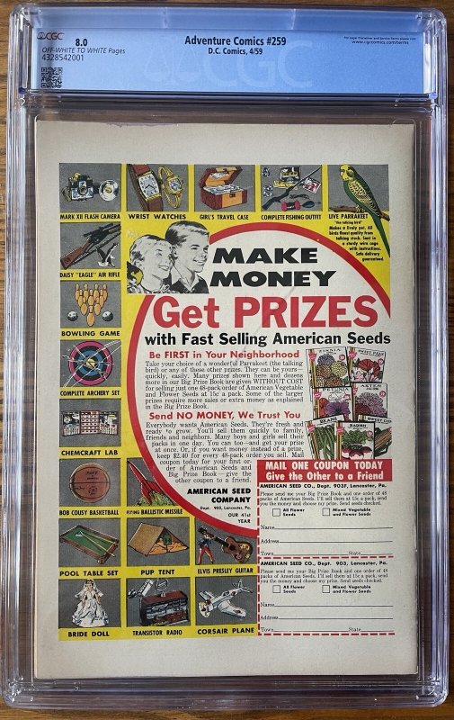 Adventure Comics #259 CGC 8.0 Full Page Ad For Action 252 Silver Age Curt Swan