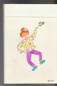 WONDERFUL BIRTHDAY Cute Cartoon Woman w/ Rose 4.5x6.5 Greeting Card Art #B8518