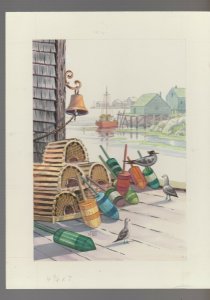 FATHERS DAY Dock w/ Bell Seagulls & Crab Pots 7x9 Greeting Card Art #FD727