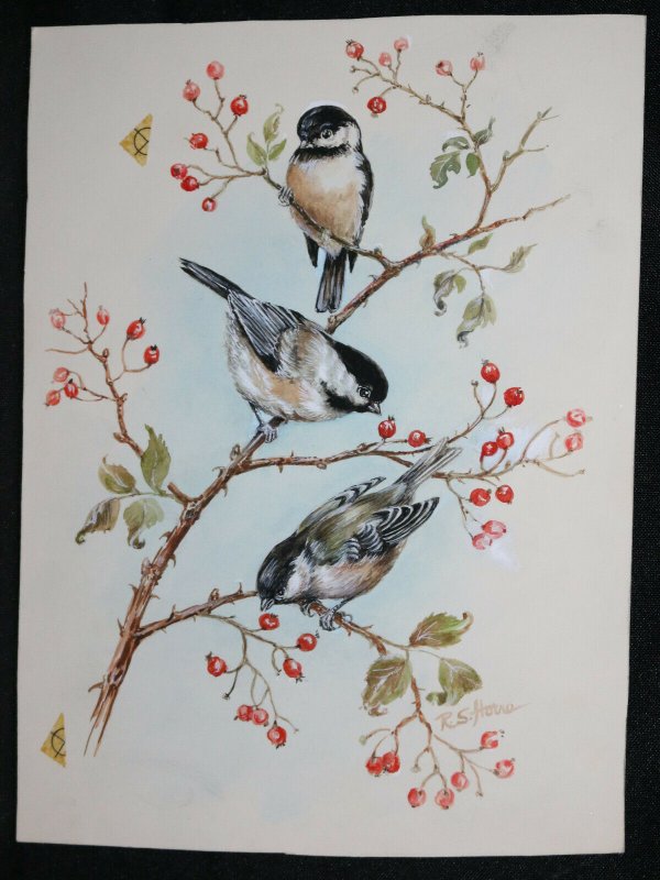 3 Chickadees in Rose Hips Christmas Greeting Card Painted Art 1982 by R.S. Horne