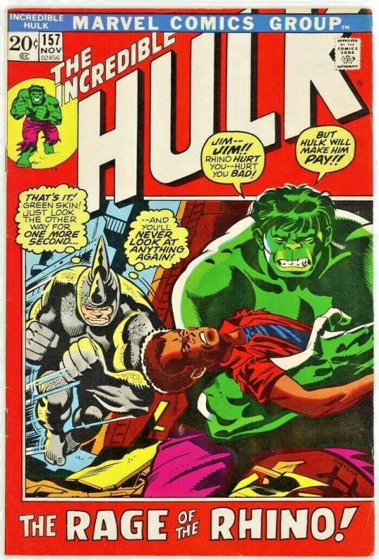 Incredible Hulk #157 Nov 1972  Comic Magazine  The Rage of the Rhino !