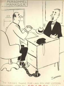 Chained to Desk Gag - 1957 Humorama art by Joseph Serrano