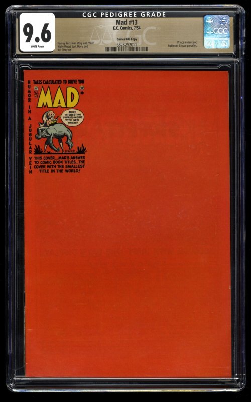 Mad #13 CGC NM+ 9.6 White Pages Highest Graded Copy! Gaines File Copy