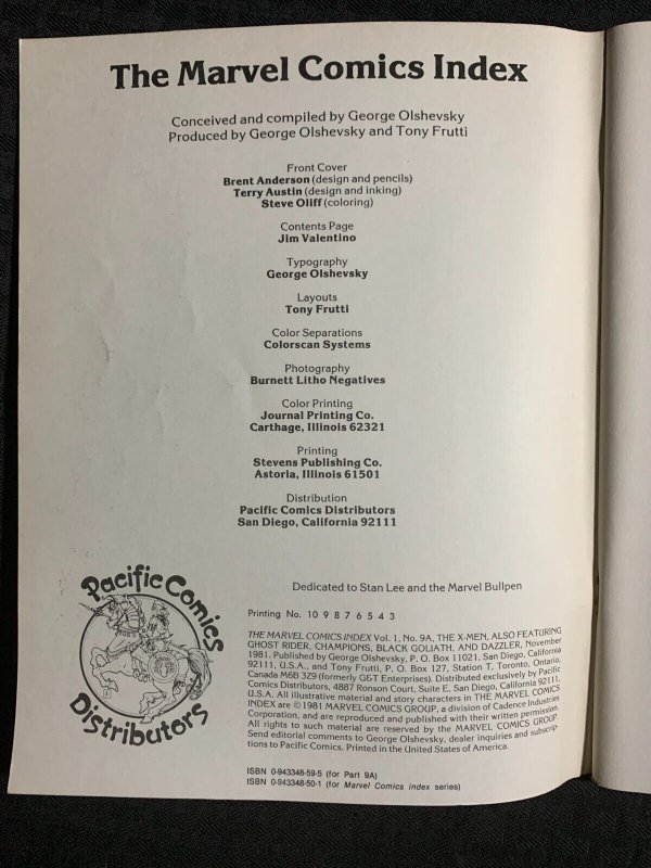 1981 X-MEN Marvel Comics Index Part 9A FN+ 6.5 (3rd Printing)