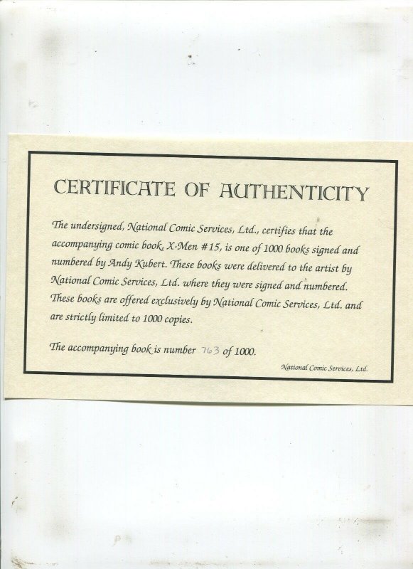 X-MEN #15 - THE CAMEL'S BACK! - (9.2) 1992 SIGNED BY ANDY KUBERT