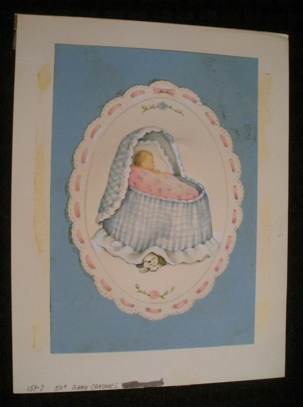 YOUR NEW BABY Cute infant in Crib w/ Puppy 7x9 Greeting Card Art #J1875