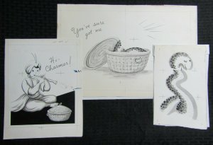 VALENTINES DAY Snake & Snakecharmer 3pcs 14.5x9.5 Greeting Card Art #V3441