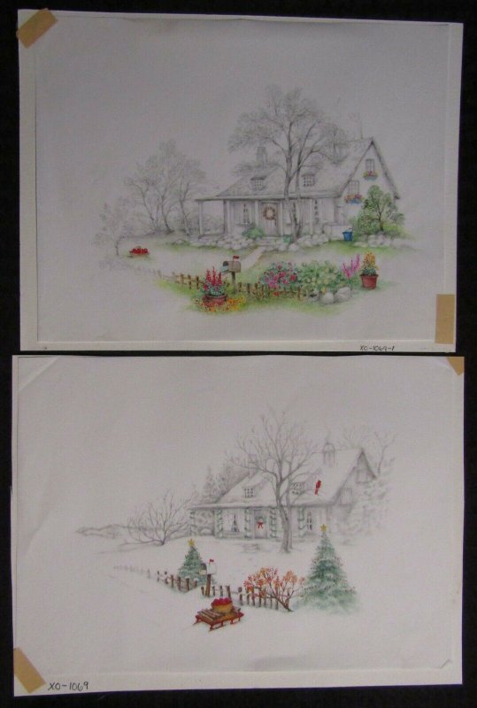 MERRY CHRISTMAS House in Winter & Spring 2pcs 12x9 Greeting Card Art #1069