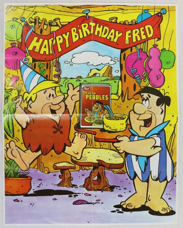 VINTAGE 1983 Post Cocoa Pebbles Flintstones Poster Fred Barney 10x12.5 