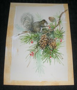 CHRISTMAS Squirrel on Pine Branch w Cones Berries 5.25x7 Greeting Card Art #G15