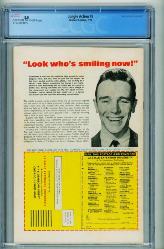 Jungle Action #5  1973 - Marvel -CGC 8.0 - Comic Book-3732205005