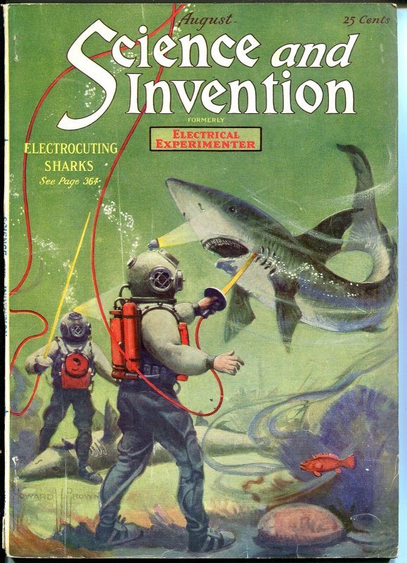 SCIENCE & INVENTION 08/1920-1ST ISSUE ELECTROCUTION-SHARKS-DEEP SEA DIVERS-vf-