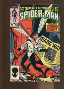Spectacular Spiderman #105 - Joe Rosen Art. Wasp Appearance. (9.2) 1985