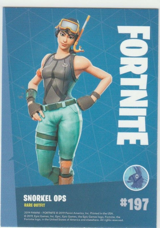 Fortnite Snorkel Ops 197 Rare Outfit Panini 2019 trading card series 1