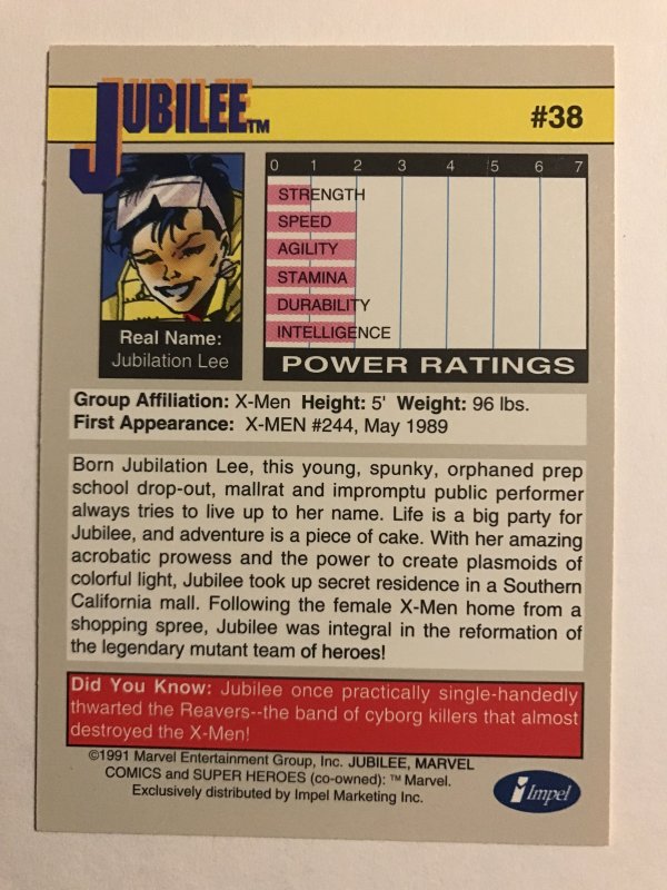 JUBILEE #38 : Marvel Universe 1991 Series 2 card; Impel, NM/M Hi Grade