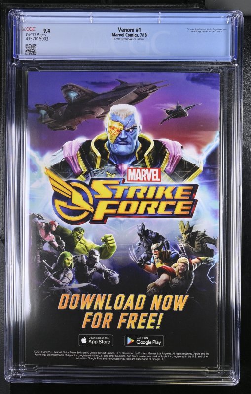 Venom #1 ~ 2018 Marvel 1:1000 McFarlane Remastered Sketch Variant ~ CGC 9.4 WP