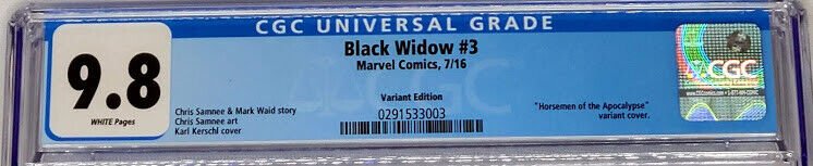 Black Widow 3 Marvel 2016 CGC 9.8 Kerschl Variant 1 of Only 4 @ Top Census Grade