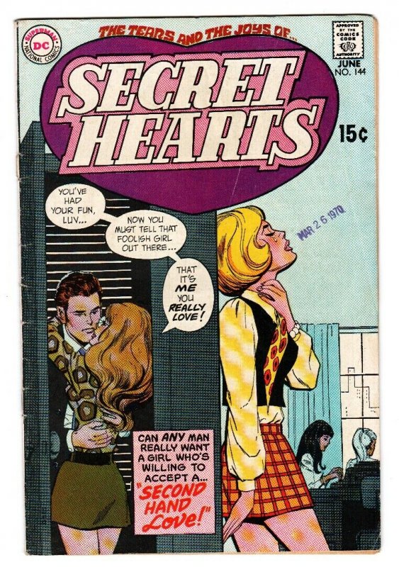 SECRET HEARTS #144 COMIC BOOK-1970-DC ROMANCE-VG-SECOND HAND LOVE VG