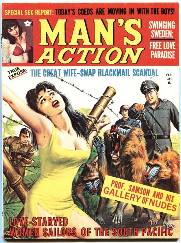 MAN’S ACTION-FEB 1970-NAZI BABOONS MENACE BOUND BABE-CHEESECAKE-VF