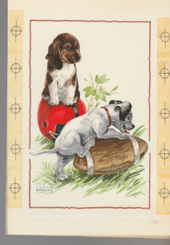 IT'S YOUR BIRTHDAY Painted Puppies w/ Football 6x8 Greeting Card Art #B8442