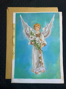 HAPPY EASTER Angel with Wings and Flowers 8x11.5 Greeting Card Art 2846