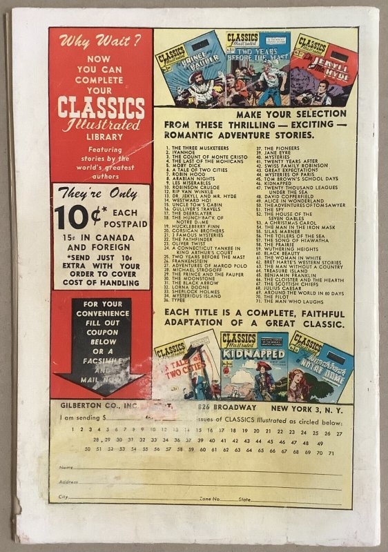 Classics Illustrated #70 (1950, Gilberton) Golden Age.  Low Grade, Taped Cover