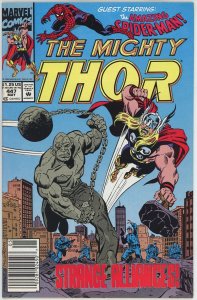 Thor #447 (1962) - 8.5 VF+ *Strange Alliances/Spider-Man* Newsstand