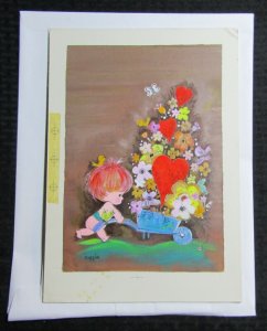 VALENTINES Cute Girl w/ Flower Cart & Hearts 9x13 Greeting Card Art #V3576