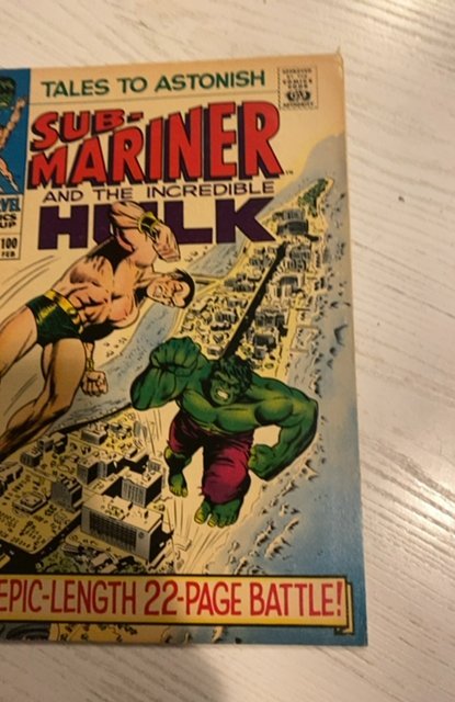 Tales to Astonish #100 (1968) hulk vs namor. 1 inch spine split bottom