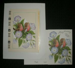 ANNIVERSARY Baby Birds w/ Purple Flowers 7x9.25 Greeting Card Art #9014