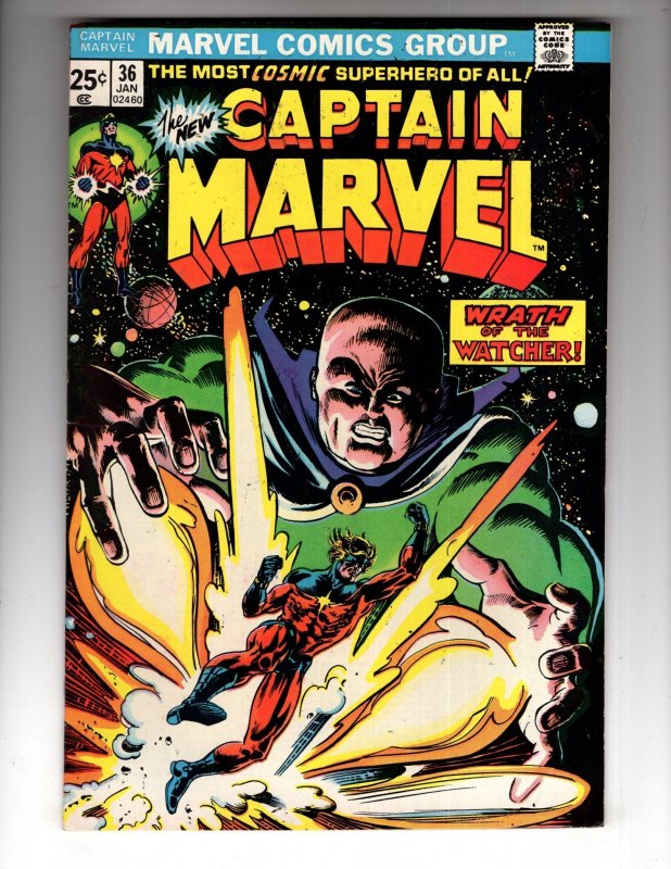 Captain Marvel #36 (1975) VF+ Watcher Appearance Cosmic Bronze !!!!! / EC#1