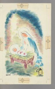 1958 VIRGIN MARY & BABY JESUS in Manger 5.5x8 #5D Christmas Greeting Card Art