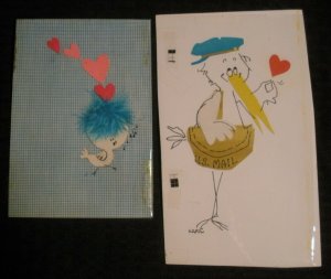 VALENTINE Cartoon Stork & Blue Hair Bird 2pcs 5x8 Greeting Card Art #3468 3755