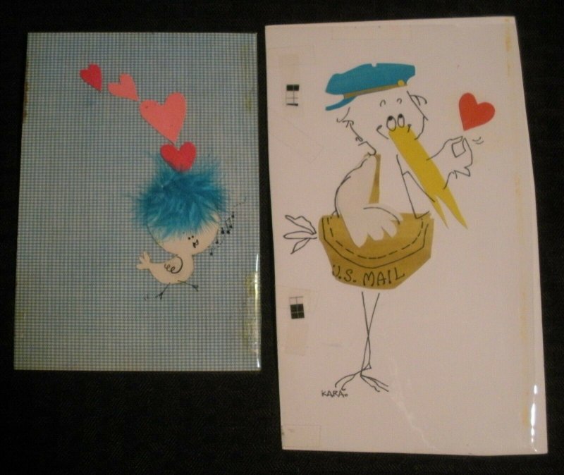 VALENTINE Cartoon Stork & Blue Hair Bird 2pcs 5x8 Greeting Card Art #3468 3755