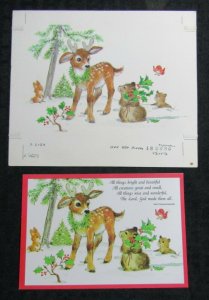 ALL THINGS BEAUTIFUL Cute Reindeer Rabbit & Bird 8x6.5 Greeting Card Art #X6029