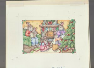 MERRY CHRISTMAS Rabbit Family Decorating Tree 10.5x9 Greeting Card Art #3037